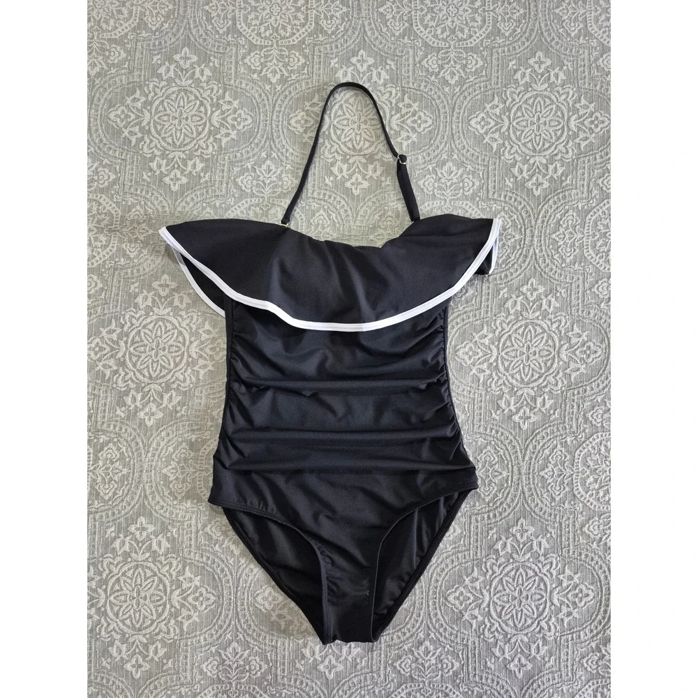 Holipick‎ Black Ruched Ruffle Off-the-Shoulder Halter One-Piece Swimsuit Womens